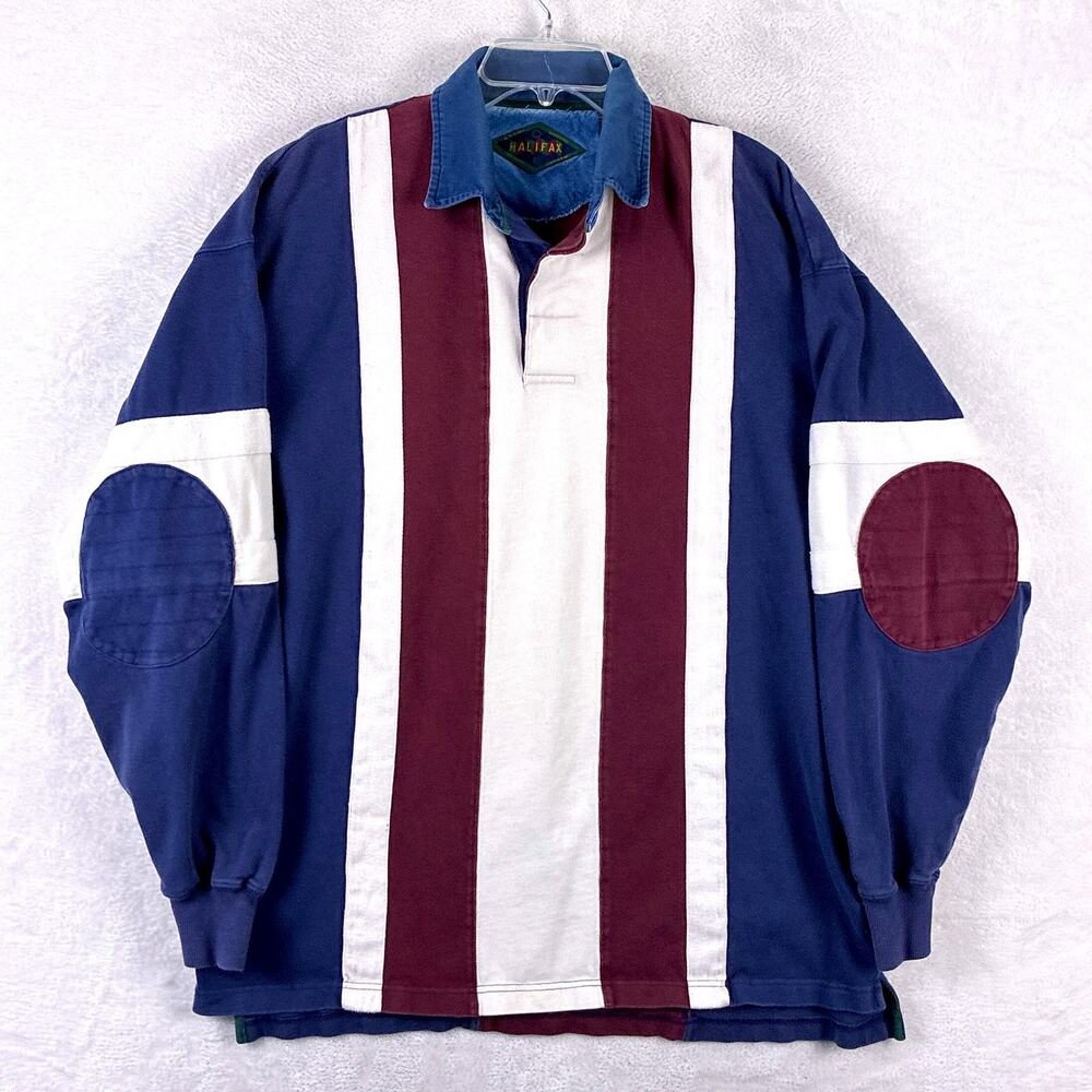 VTG Halifax Rugby Shirt Men L Blue Red Stripe Elbow Patch Preppy Ivy League 90s